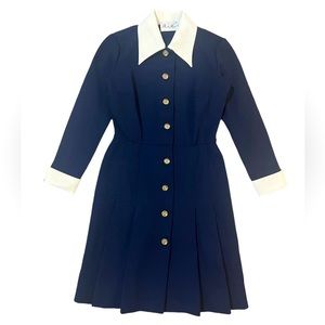 Vintage 60s Butte Collared Button Front Dress Pleated Skirt Brass Button Cuffs